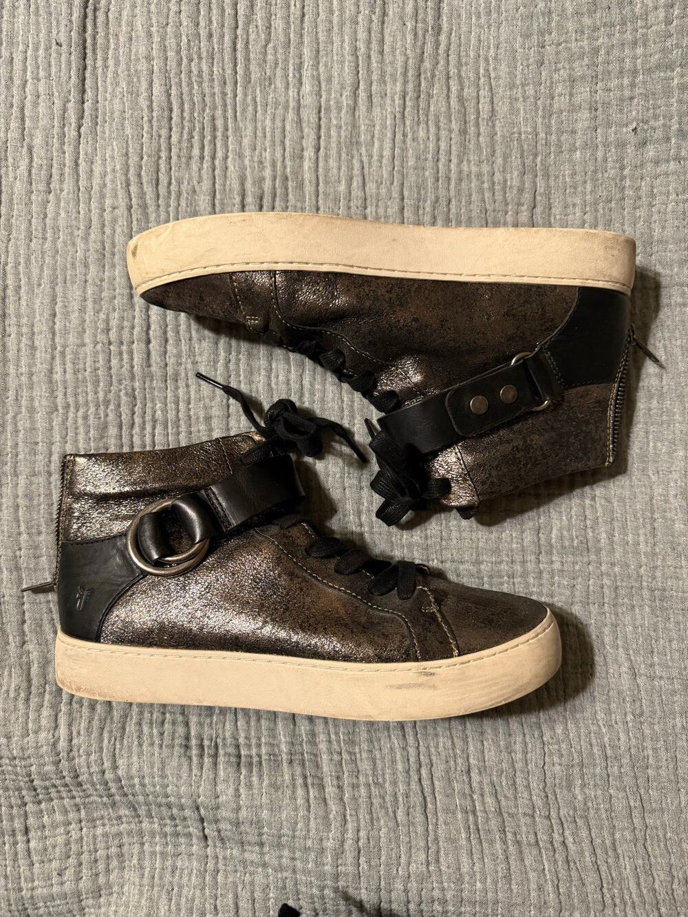 Frye Lena Lace Up Harness Gunmetal High Top Sneakers Size 9 Leather Metallic
